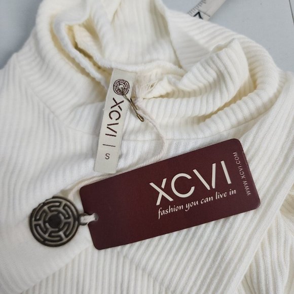 NEW XCVI Size Small Soft Rib Knit Stretch Raw Hem Turtleneck Top Shirt Ivory - Picture 3 of 7